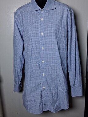 David Donahue Trim Fit Dress Shirt Men 16 32/33 Blue Micro Check Plaid